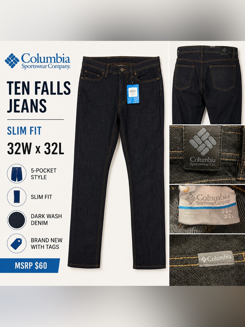 Columbia Ten Falls Slim Fit Jeans Mens 32x32 Dark Wash NWT